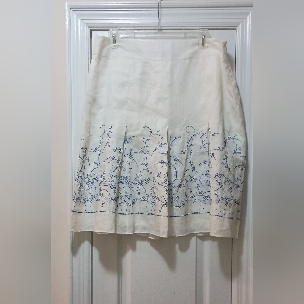 Ann Taylor Cream Blue Embroidered Pleated Linen Skirt 14